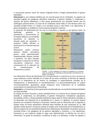 y ravuconazol parecen actuar de manera fungicida frente a hongos pertenecientes al género
Aspergillus.
Ketoconazol es una molécula lipofílica por vía oral del grupo de los imidazoles. Su espectro de
actividad engloba los patógenos dimórficos endémicos, el género Candida, C. neoformans y
especies del género Malassezia, si bien posee generalmente una actividad inferior que los
antifúngicos pertenecientes a la clase de los imidazoles (véase tabla 2). Este fármaco tiene una
actividad variable frente a P. boydii y una actividad escasa o nula frente a los cigomicetos, el
género Aspergillus, S. prolificans y ciertas especies del género Fusarium.
La absorción de ketoconazol por vía oral es inconstante y requiere un pH gástrico ácido. Su
lipoficidad       garantiza        su
penetración y concentración en
los tejidos adiposos y los exudados
purulentos; no obstante, su
elevado grado de asociación a
proteínas (>99%) dificulta su
penetración en el sistema nervioso
central.
Ketoconazol      puede      provocar
diversos efectos secundarios
graves, como gastrotoxicidad,
hepatotoxicidad, náuseas, vómitos
y exantema. Las dosis elevadas
comportan la aparición de efectos
secundarios endocrinos como
consecuencia de la reducción de
las       concentraciones         de
testosterona y cortisol.
                                       FIGURA 4. Ruta metabólica de síntesis de ergosterol que indícalos
                                       pasos de inhibición por antifúngicos pertenecientes a las alilaminas, los
                                       azoles o los polienos.
Las indicaciones clínicas de ketoconazol son limitadas debido a la existencia de otros fármacos de
mayor potencia y menor toxicidad. En el mejor de los casos, constituye un fármaco de segunda
línea en el tratamiento de las formas no meníngeas ni potencialmente mortales de la
histoplasmosis, la blastomicosis, la coccidioidomicosis y la paracoccidioidomicosis en sujetos
inmunocompetentes. Igualmente, puede emplearse como tratamiento de la candidiasis
mucocutánea y la esporotricosis linfocutánea.
Fluconazol es un triazol de primera generación caracterizado por una excelente biodisponibilidad y
una baja toxicidad.
Se emplea de forma frecuente y posee actividad frente a la mayoría de las especies del género
Candida, C. neoformans, los dermatofitos, el género Trichosporon, Histoplasma capsulatum,
Coccidioides immitis, y Paracoccidioides brasiliensis (véase tabla 2). Dentro del género Candida, se
ha observado una reducción de la sensibilidad en C. krusei y C. glabrata. La primera especie
presenta una resistencia intrínseca a fluconazol, mientras que las infecciones por la segunda se
pueden tratar de forma satisfactoria utilizando dosis elevadas de este compuesto (p. ej., 800
mg/día). Puede aparecer resistencia cuando se emplea como tratamiento de la histoplasmosis; el
fármaco dispone de una actividad limitada frente a Blastomyces dermatitidis. Fluconazol carece de
actividad frente a los patógenos de los géneros Aspergillus y Fusaríum, y a los cigomicetos.
Fluconazol es una molécula soluble en agua cuya administración se efectúa por vía oral o
intravenosa. Su grado de asociación a proteínas es bajo y se distribuye a todos los órganos y
 