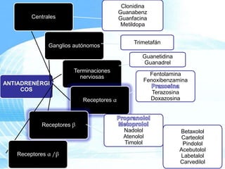 Clonidina
Guanabenz
Guanfacina
Metildopa

Centrales

Ganglios autónomos

Trimetafán
Guanetidina
Guanadrel

Terminaciones
nerviosas

ANTIADRENÉRGI
COS

Fentolamina
Fenoxibenzamina
Terazosina
Doxazosina

Receptores α

Receptores β

Receptores α /β

Nadolol
Atenolol
Timolol

Betaxolol
Carteolol
Pindolol
Acebutolol
Labetalol
Page
Carvedilol 20

 