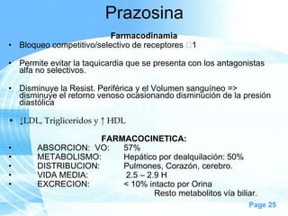 Prazosina
Farmacodinamia
• Bloqueo competitivo/selectivo de receptores 
1
• Permite evitar la taquicardia que se presenta con los antagonistas
alfa no selectivos.
• Disminuye la Resist. Periférica y el Volumen sanguíneo =>
disminuye el retorno venoso ocasionando disminución de la presión
diastólica
• ↓LDL, Trigliceridos y ↑ HDL
•
•
•
•
•

FARMACOCINETICA:
ABSORCION: VO:
57%
METABOLISMO:
Hepático por dealquilación: 50%
DISTRIBUCION:
Pulmones, Corazón, cerebro.
VIDA MEDIA:
2.5 – 2.9 H
EXCRECION:
< 10% intacto por Orina
Resto metabolitos vía biliar.
Page 25

 