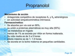 Propranolol
Mecanismo de acción
• Antagonista competitivo de receptores ß1 y ß2 adrenérgicos
• sin actividad simpaticomimética intrínseca.
Farmacocinetica:
• Se absorbe por vía oral en 90%,
• su unión a proteínas plasmáticas es muy alta (93%)
• se metaboliza en hígado
• menos de 1% se excreta por riñón en forma inalterada.
• Su vida media es de 3 a 5 horas
• efecto máximo es de 1- 1.5 horas.
• Se excreta en la leche materna en pequeñas cantidades.

Page 32

 