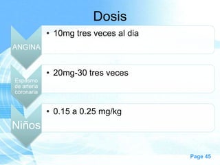 Dosis
• 10mg tres veces al dia
ANGINA

• 20mg-30 tres veces
Espasmo
de arteria
coronaria

• 0.15 a 0.25 mg/kg

Niños
Page 45

 