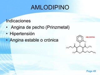 AMLODIPINO
Indicaciones
• Angina de pecho (Prinzmetal)
• Hipertensión
• Angina estable o crónica

Page 49

 