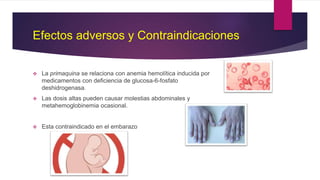 Efectos adversos y Contraindicaciones
 La primaquina se relaciona con anemia hemolítica inducida por
medicamentos con deficiencia de glucosa-6-fosfato
deshidrogenasa.
 Las dosis altas pueden causar molestias abdominales y
metahemoglobinemia ocasional.
 Esta contraindicado en el embarazo
 