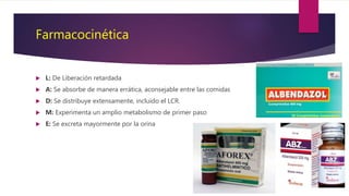 Farmacocinética
 L: De Liberación retardada
 A: Se absorbe de manera errática, aconsejable entre las comidas
 D: Se distribuye extensamente, incluido el LCR.
 M: Experimenta un amplio metabolismo de primer paso
 E: Se excreta mayormente por la orina
 