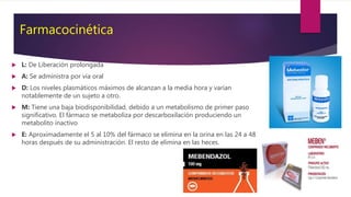 Farmacocinética
 L: De Liberación prolongada
 A: Se administra por vía oral
 D: Los niveles plasmáticos máximos de alcanzan a la media hora y varían
notablemente de un sujeto a otro.
 M: Tiene una baja biodisponibilidad, debido a un metabolismo de primer paso
significativo. El fármaco se metaboliza por descarboxilación produciendo un
metabolito inactivo
 E: Aproximadamente el 5 al 10% del fármaco se elimina en la orina en las 24 a 48
horas después de su administración. El resto de elimina en las heces.
 
