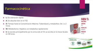 Farmacocinética
 L: De Liberación rápida
 A: Se absorbe bien en el TGI
 D: Tiempo hasta la Concentración Máxima: Tiabendazol y metabolitos: De 1 a 2
horas.
 M: Metabolismo: Hepático; se metaboliza rapidamente
 E: Se excreta principalmente por la orina solo el 5% se excreta en la heces fecales
en 48 horas.
 