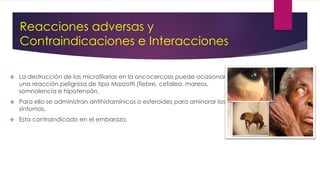  La destrucción de las microfilarias en la oncocercosis puede ocasionar
una reacción peligrosa de tipo Mazzotti (fiebre, cefalea, mareos,
somnolencia e hipotensión.
 Para ello se administran antihistamínicos o esteroides para aminorar los
síntomas.
 Esta contraindicado en el embarazo.
Reacciones adversas y
Contraindicaciones e Interacciones
 