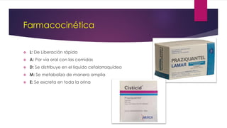 Farmacocinética
 L: De Liberación rápida
 A: Por vía oral con las comidas
 D: Se distribuye en el liquido cefalorraquídeo
 M: Se metaboliza de manera amplia
 E: Se excreta en toda la orina
 