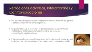  Los efectos adversos comunes comprenden mareos, malestar en general
y cefalea, así como trastornos digestivos.
 La dexametasona, la fenitoina y la carbamazepina incrementan el
metabolismo del prazicuantel y la cimetidina aumenta sus
concentraciones plasmáticas.
 Esta contraindicado para el tratamiento de la cisticercosis ocular, ya que
la destrucción del parasito en el ojo podría provocar daño irreversible.
Reacciones adversas, Interacciones y
Contraindicaciones
 