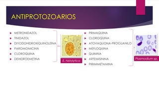 ANTIPROTOZOARIOS
 METRONIDAZOL
 TINIDAZOL
 DIYODOHIDROXIQUINOLEINA
 PAROMOMICINA
 CLOROQUINA
 DEHIDROEMETINA
 PRIMAQUINA
 CLOROQUINA
 ATOVAQUONA-PROGUANILO
 MEFLOQUINA
 QUININA
 ARTEMISININA
 PIRIMIMETAMINA
E. histolytica
Plasmodium sp.
 