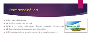 Farmacocinética
 L: De Liberación rápida
 A: Se absorbe bien por vía oral
 D: No se concentra por los tejidos y líquidos corporales del organismo.
 M: Se metaboliza rápidamente a nivel hepático
 E: El medicamento se excreta en una mínima parte en la orina.
 