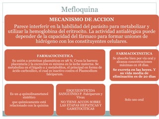 Mefloquina 
MECANISMO DE ACCION 
Parece interferir en la habilidad del parásito para metabolizar y 
utilizar la hemoglobina del eritrocito. La actividad antialérgica puede 
depender de la capacidad del fármaco para formar uniones de 
hidrógeno con los constituyentes celulares. 
FARMACOCINETICA 
Su unión a proteínas plasmáticas es 98 %. Cruza la barrera 
placentaria y la excreción es mínima en la leche materna. Se 
metaboliza en el hígado a 2 metabolitos, el principal en forma de 
ácido carboxílico, el cual es inactivo contra el Plasmodium 
falciparum. 
Es un 4-quinolinametanol 
sintético 
que químicamente está 
relacionado con la quinina 
ESQUIZONTICIDA 
SANGUINEO P. Falciparum y 
Vivax 
NO TIENE ACCON SOBRE 
LAS ETAPAS HEPATICAS Y 
GAMETOCITICAS 
FARMACOCINETICA 
Se absorbe bien por vía oral y 
alcanza concentraciones 
máximas en 18 días. 
Se excreta en las heces. Y 
su vida media de 
eliminación es de 20 días 
Solo uso oral 
 