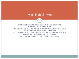 Antibióticos 
SON INHIBIDORES DE LA S ÍNTES I S DE 
PROTEÍNAS POR LAS 
BACTERIAS AL PARECER ACTÚAN CONTRA LOS 
PARÁS ITOS DEL PALUDI SMO 
AL INHIBIR LA S ÍNTES I S DE PROTEÍNAS EN UN 
ORGANELO PROCARIOT IOIDE 
DEL PLASMODIO, EL APICOPLASTO. 
 