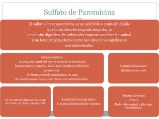 Sulfato de Paromicina 
El sulfato de paromomicina es un antibiótico aminoglucósido 
que no se absorbe en grado importante 
en el tubo digestivo. Se utiliza sólo como un amebicida luminal 
y no tiene ningún efecto contra las infecciones amebianas 
extraintestinales. 
Farmacocinética 
La pequeña cantidad que se absorbe es excretada 
lentamente sin cambio, sobre todo mediante filtración 
glomerular. 
El fármaco puede acumularse en caso 
de insuficiencia renal y contribuir a la nefrotoxicidad. 
El furoato de diloxanida es un 
derivado de dicloroacetamida 
Amebicida luminal eficaz 
Usa para leishmaniosis visceral 
Contraindicaciones 
Insuficiencia renal 
Efectos adversos 
Cólicos 
Dolor abdominal y diarreas 
esporádicas 
 