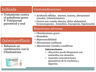 Indicada 
• Tratamiento contra 
el paludismo grave 
P. Falciparum 
parenteral y oral 
Quimioprofilaxis 
• Babeiosis en 
combinación con la 
Clindamicina 
Contraindicaciones 
• Acufenos, cefalea, mareos, nausea, alteraciones 
visuales, (chinchonismo). 
• Graves son vomito diarrea, dolor abdominal , 
broncoespasmo , hemolisis, leucopenia, hipotensión 
Reacciones adversas 
• Chinchonismo grave . 
• Hemolisis 
• Hipersensibilidad 
• Alteraciones cardiacas 
• Alteraciones visuales o auditivas 
Interacciones 
• Absorción puede bloquearse con 
antiácidos con aluminio. 
• Aumenta concentraciones 
plasmáticas de la warfarina y 
digoxina. 
 