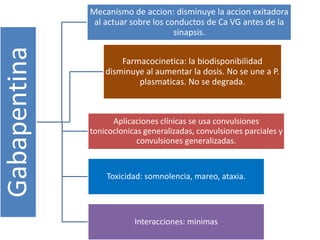Gabapentina 
Mecanismo de accion: disminuye la accion exitadora 
al actuar sobre los conductos de Ca VG antes de la 
sinapsis. 
Farmacocinetica: la biodisponibilidad 
disminuye al aumentar la dosis. No se une a P. 
plasmaticas. No se degrada. 
Aplicaciones clínicas se usa convulsiones 
tonicoclonicas generalizadas, convulsiones parciales y 
convulsiones generalizadas. 
Toxicidad: somnolencia, mareo, ataxia. 
Interacciones: minimas 
 