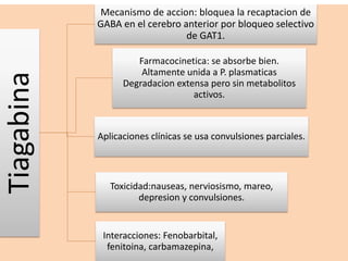 Tiagabina 
Mecanismo de accion: bloquea la recaptacion de 
GABA en el cerebro anterior por bloqueo selectivo 
de GAT1. 
Farmacocinetica: se absorbe bien. 
Altamente unida a P. plasmaticas 
Degradacion extensa pero sin metabolitos 
activos. 
Aplicaciones clínicas se usa convulsiones parciales. 
Toxicidad:nauseas, nerviosismo, mareo, 
depresion y convulsiones. 
Interacciones: Fenobarbital, 
fenitoina, carbamazepina, 
 