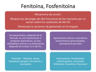 Fenitoina, Fosfenitoina 
Mecanismo de accion: 
Bloquea las descargas de alta frecuencia de las neuronas por su 
accion sobre los conductos de NA VG 
Disminuye la secrecion de glutamato en la sinapsis 
Farmacocinetica: depende de la 
formula, se une fuertemente a 
proteinas plasmaticas, no hay 
metabolitos activos y su eliminacion 
depende de la dosis 12 a 36 hrs. 
Toxicidad : Diplopia, ataxia, 
hiperplasia gingival, hirsutismo y 
neuropatia 
Aplicaciones clinicas: convulsions 
tonicoclonicas generalizadas, 
convulsiones parciales 
Interacciones: fenobarbital, 
carbamazepina, isoniacida, 
felbamato, fluoxetina, fluconazol 
 