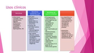 Usos clínicos
Penicilinas
•Infecciones
causadas contra
estreptococo,
algunos
enterococos ,
neumococo
suceptible a
penicilina,
espiroquetas, etc
Penicilinas
resistentes a las
betalactamasas
•Solo para
Staphylococcus
Aureus y
Epidermidis no
resistentes a la
metacilina.
•Carecen de
actividad contra:
•Listeria
Monocytogenes
•Enterecoccus.
•Son menos
eficaces contra
microorganismos
sensibles a
penicilina G y no
son útiles contra
bacterias Gram
negativas
Penicilinas de
espectro ampliado
•Principalmente
contra bacterias
gramnegativas por
su mayor
capacidad de
atravesar la
membrana
externa.
•Son inactivadas por
las
betalactamasas.
•Amoxicilina:
infecciones
urinarias, sinusitis,
otitis, indecciones
de vías
respiratorias
inferiores
•La ampicilina 4-12
grais oir ev
infecciones graves
•La ampicilina no
tiene actividad
contra klebsiella,
enterobacter, p.
aeuriginosa,
citrobacter,
serratias m,
proteus
•Ampicilina,
tircacilina, y
piperacilina se
utilizan en unión a
inhibidores de las
betalactamasas.
 