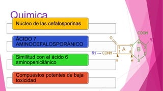 Quimica
Núcleo de las cefalosporinas
ÁCIDO 7
AMINOCEFALOSPORÁNICO
Similitud con el ácido 6
aminopenicilánico
Compuestos potentes de baja
toxicidad
 