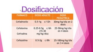 FÁRMACO DOSIS ADULTO DOSIS
PEDIÁTRICA
Cefadroxilo 0.5-1g c/12h 30mg/kg/día en 2
dosis
Cefalexina
Cefradina
0.25-0.5g c/6h
(15-30
mg/kg/día)
25-50mg/kg/día
en 4 dosis
Cefazolina 0.5-2g c/8h 25-100mg/kg/día
en 3-4 dosis
 
