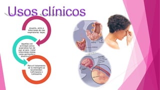 sinusitis, otitis e
infecciones de vías
respiratorias bajas.
Aquellas con
actividad contra
anaerobios han de
usar se para tratar
infecciones mixtas
como peritonitis y
diverticulitis.
Para el tratamiento
de la meningitis se
recomiendan:
Ceftriaxona o
Cefotaxima
 