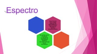 Espectro
Estas fórmulas
tienen mayor
cobertura de
gramnegativos y
algunas pueden
atravesar la
barrera
hematoencefálica.
Son activas contra:
Citrobacter
S. marcescens
Providentia sp
Haemophilus
Neisseria
NO tienen actividad
contra:
Enterobacter
 