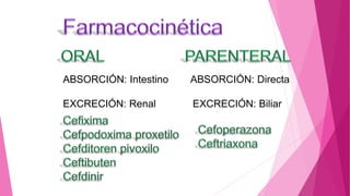 ABSORCIÓN: Intestino ABSORCIÓN: Directa
EXCRECIÓN: Renal EXCRECIÓN: Biliar
 