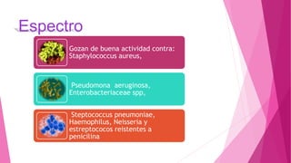 Espectro
Gozan de buena actividad contra:
Staphylococcus aureus,
Pseudomona aeruginosa,
Enterobacteriaceae spp,
Steptococcus pneumoniae,
Haemophilus, Neisseria y
estreptococos reistentes a
penicilina
 