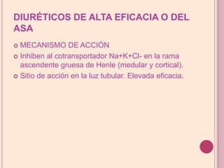 DIURÉTICOS DE ALTA EFICACIA O DEL ASAMECANISMO DE ACCIÓNInhiben al cotransportadorNa+K+Cl- en la rama ascendente gruesa de Henle (medular y cortical).Sitio de acción en la luz tubular. Elevada eficacia.