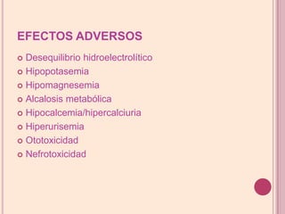 EFECTOS ADVERSOSDesequilibriohidroelectrolíticoHipopotasemiaHipomagnesemiaAlcalosis metabólicaHipocalcemia/hipercalciuriaHiperurisemiaOtotoxicidadNefrotoxicidad