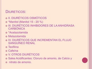 Diureticos:II. DIURÉTICOS OSMÓTICOS*Manitol (Manitol 15 - 20 %)III. DIURÉTICOS INHIBIDORES DE LA ANHIDRASA  CARBÓNICA*AcetazolamidaMetazolamidaIV. DIURÉTICOS QUE INCREMENTAN EL FLUJO SANGUÍNEO RENALTeofilinaCafeínaV. OTROS DIURÉTICOSSales Acidificantes: Cloruro de amonio, de Calcio y nitrato de amonio.