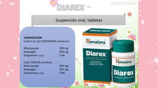COMPOSICIÓN
Cada 5 mL de SUSPENSIÓN contienen:
Nifuroxazida 200 mg
Atapulgita 500 mg
Excipientes c.s.p. 5 Ml
Cada TABLETA contiene:
Nifuroxazida 200 mg
Atapulgita 350 mg
Excipientes c.s.p. 5 Ml
Suspención oral, tabletas
 