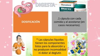 DOSIFICACIÓN
.1 cápsula con cada
comida y al acostarse (en
casos necesarios).
* Las cápsulas líquidas
tienen los componentes
listos para la absorción y
no producen incomodidad
ni dolor al deglutir.
 