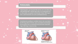 POSOLOGÍA:
Hipertensión: se recomienda iniciar con una dosis de
VALSARTÁN MK® de 80 mg al día; si la respuesta no
es favorable se puede incrementar hasta 160 mg al
día o administrarlo con otro antihipertensivo.
Insuficiencia cardiaca: se debe iniciar con una dosis
de 40 mg cada 12 horas, que se puede incrementar
de acuerdo con la respuesta del paciente hasta 80
mg y 160 mg, 2 veces al día.
 