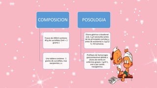 COMPOSICION
Frasco de 200ml contiene:
40 g de sucralfato (5ml = 1
gramo )
Una tablera contiene: 1
gramo de sucralfato, mas
excipientes c.s.
POSOLOGIA
Úlcera gástrica o duodenal:
oral, 1 g 4 veces/día (antes
de las principales comidas y
antes de acostarse) o 2 g/12
h, 4-8 semanas.
Profilaxis de hemorragia
gastrointestinal debida a
úlcera de estrés en
enfermos graves: 1 g/4 h,
oral o por sonda
nasogástrica.
 
