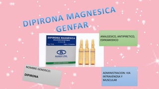 ANALGESICO, ANTIPIRETICO,
ESPASMODICO
ADMINISTRACION: VIA
INTRAVENOSA Y
MUSCULAR
 