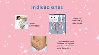 Dolores
espasmódicos
Dolor en las
vías biliares y
vías urinarias
Cuadros espasmódicos
a nivel de los órganos
genitales femeninos
como: dismenorrea
 