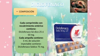 • COMPOSICIÓN
Cada comprimido con
recubrimiento entérico
contiene:
Diclofenaco Só-dico 25 ó
50 mg.
Cada ampolla contiene:
3 mL de solución
inyectable contiene:
Diclofenaco Sódico 75 mg.
 