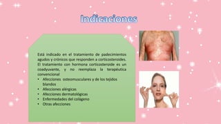 Está indicado en el tratamiento de padecimientos
agudos y crónicos que responden a corticosteroides.
El tratamiento con hormona corticosteroide es un
coadyuvante, y no reemplaza la terapéutica
convencional
• Afecciones osteomusculares y de los tejidos
blandos
• Afecciones alérgicas
• Afecciones dermatológicas
• Enfermedades del colágeno
• Otras afecciones
 