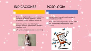 INDICACIONES
Síndrome dispéptico (anorexia, meteorismo,
sensación de tensión epigástrica, pirosis,
eructación, estipsis, náuseas, vómito, etc.)
depleción gástrica retardada ligada a
factores orgánicos (gastroparesia diabética,
neoplasia, etc.)
y/o funcionales (somatizaciones viscerales).
POSOLOGIA
Comprimidos: 1 comprimido 3 veces al día
antes de las comidas
En el tratamiento de pacientes adultos, debe
ser establecida cuidadosamente por el
medico
 