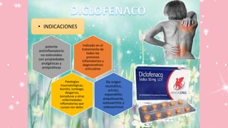 • INDICACIONES
indicado en el
tratamiento de
todos los
procesos
inflamatorios y
degenerativos
articulares
potente
antiinflamatorio
no esteroideo
con propiedades
analgésicas y
antipiréticas
Patologías
traumatológicas,
bursitis, lumbago,
desgarros,
torceduras y otras
enfermedades
inflamatorias que
cursan con dolor.
De origen
reumático,
artritis,
espondilitis
anquilosante,
osteoartritis y
osteoartrosis
 