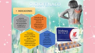• INDICACIONES
indicado en el
tratamiento de
todos los
procesos
inflamatorios y
degenerativos
articulares
potente
antiinflamatorio
no esteroideo
con propiedades
analgésicas y
antipiréticas
Patologías
traumatológicas,
bursitis, lumbago,
desgarros,
torceduras y otras
enfermedades
inflamatorias que
cursan con dolor.
De origen
reumático,
artritis,
espondilitis
anquilosante,
osteoartritis y
osteoartrosis
 
