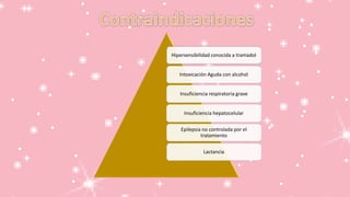 Hipersensibilidad conocida a tramadol
Intoxicación Aguda con alcohol
Insuficiencia respiratoria grave
Insuficiencia hepatocelular
Epilepsia no controlada por el
tratamiento
Lactancia
 
