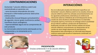 CONTRAINDICACIONES
Dorlamida T solución oftálmica estéril está
contraindicada en pacientes con
- asma bronquial antecedentes de asma
bronquial o enfermedad pulmonar obstructiva
crónica severa
- bradicardia sinusual bloqueo auriculoventricular
de segundo o tercer grado insuficiencia cardíaca
manifiesta shock cardiogénico
- hipersensibilidad alguno de los componentes de
este producto
Lo mencionado anteriormente está basado en los
componentes y no únicamente en la
combinación.
INTERACCIÓNES
No sé en efectuado estudios de interaccion específicos con
Dorlamida T solución oftálmica estéril en los estudios clínicos la
solución oftálmica estéril fue utilizada concomitantemente con
los siguientes predicaciones sistemáticas sin evidencia de
interacción adversos inhibidores de la ECA bloqueantes de los
canales de calcio diuréticos antiinflamatorios no esteroides
incluyendo aspirina y hormonas sin embargo existe la posibilidad
de que efectos auditivos y producción de hipotension y
bradicardia marcada con dosel ministre maleato de timolol
solución oftálmica conjuntamente con bloqueantes de los
canales de calcio drogas depresoras B catecolaminas
bloqueadores beta adrenérgicos se informado beta bloqueo
sistémico potenciado durante el tratamiento combinado con
quinidina y timolol
PRESENTACIÓN
Envases conteniendo 5 ml de solución oftálmica
estéril
 