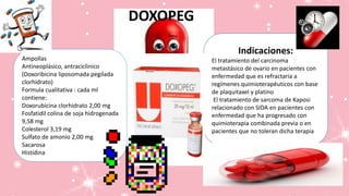 Ampollas
Antineoplásico, antraciclinico
(Doxoribicina liposomada pegilada
clorhidrato)
Formula cualitativa : cada ml
contiene:
Doxorubicina clorhidrato 2,00 mg
Fosfatidil colina de soja hidrogenada
9,58 mg
Colesterol 3,19 mg
Sulfato de amonio 2,00 mg
Sacarosa
Histidina
DOXOPEG
Indicaciones:
El tratamiento del carcinoma
metastásico de ovario en pacientes con
enfermedad que es refractaria a
regímenes quimioterapéuticos con base
de plaquitaxel y platino
El tratamiento de sarcoma de Kaposi
relacionado con SIDA en pacientes con
enfermedad que ha progresado con
quimioterapia combinada previa o en
pacientes que no toleran dicha terapia
 