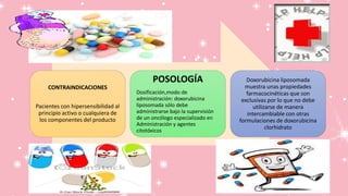 CONTRAINDICACIONES
Pacientes con hipersensibilidad al
principio activo o cualquiera de
los componentes del producto
POSOLOGÍA
Dosificación,modo de
administración: doxorubicina
liposomada sólo debe
administrarse bajo la supervisión
de un oncólogo especializado en
Administración y agentes
citotóxicos
Doxorubicina liposomada
muestra unas propiedades
farmacocinéticas que son
exclusivas por lo que no debe
utilizarse de manera
intercambiable con otras
formulaciones de doxorubicina
clorhidrato
 