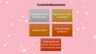 Depresión de la
medula ósea.
Varicela en curso
o reciente.
Herpes zoster
Enfermedades
Cardiacas.
Inflamación de
células inmortales
de la medula ósea
Contraindicaciones
 