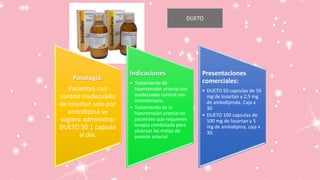 DUETO
Posología:
Pacientes con
control inadecuado
de losartan solo por
amlodipina se
sugiera administrar
DUETO 50 1 capsula
al día.
Indicaciones
• Tratamiento de
hipertensión arterial con
inadecuado control con
monoterapia.
• Tratamiento de la
hipertensión arterial en
pacientes que requieren
terapia combinada para
alcanzar las metas de
presión arterial.
Presentaciones
comerciales:
• DUETO 50 capsulas de 50
mg de losartan y 2,5 mg
de amlodipinda. Caja x
30
• DUETO 100 capsulas de
100 mg de losartan y 5
mg de amlodipina, caja x
30.
 