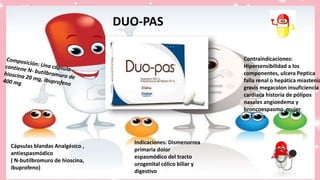 Cápsulas blandas Analgésico ,
antiespasmódico
( N-butilbromuro de hioscina,
ibuprofeno)
Indicaciones: Dismenorrea
primaria dolor
espasmódico del tracto
urogenital cólico biliar y
digestivo
Contraindicaciones:
Hipersensibilidad a los
componentes, ulcera Peptica
falla renal o hepática miastenia
gravis megacolon insuficiencia
cardíaca historia de pólipos
nasales angioedema y
broncoespasmo mujer
lactantes
DUO-PAS
 